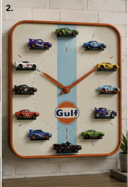 Wall clock with 3D hotwheel cars
