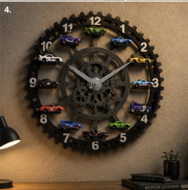 Wall clock with 3D hotwheel cars