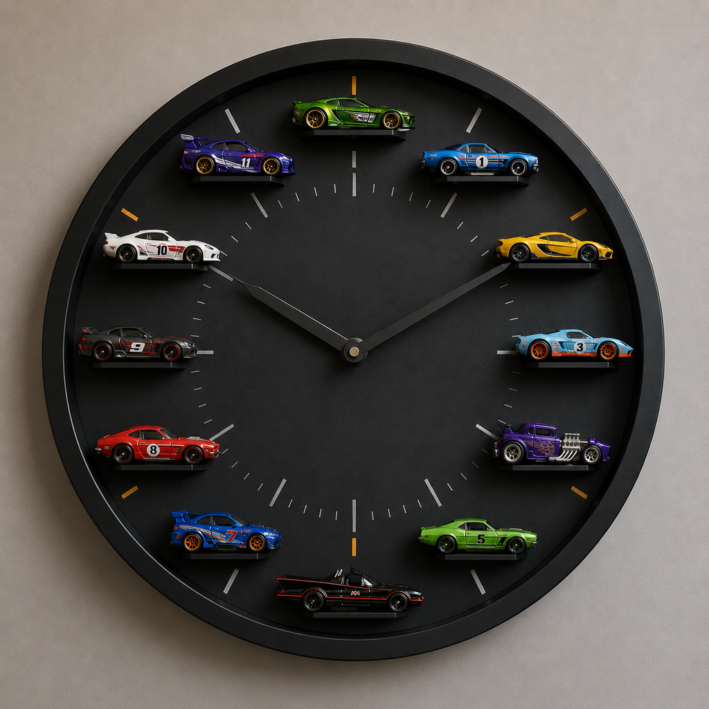 Wall clock with 3D hotwheel cars