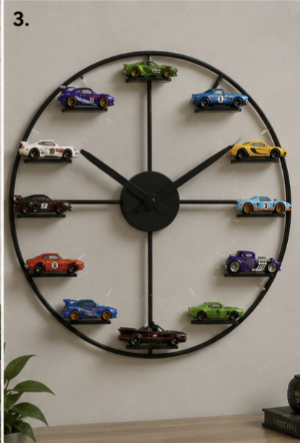 Wall clock with 3D hotwheel cars