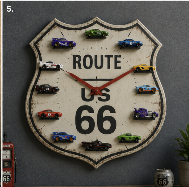 Wall clock with 3D hotwheel cars