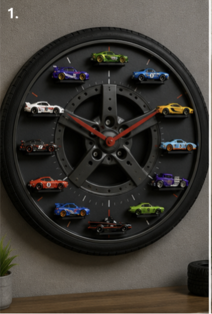 Wall clock with 3D hotwheel cars